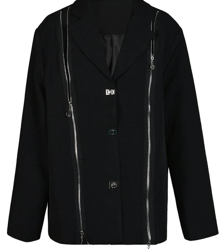 Women Black Zipper Irregular Big Size Blazer New Lapel Long Sleeve Loose Fit Jacket Fashion Spring Autumn 2025 1DH1523