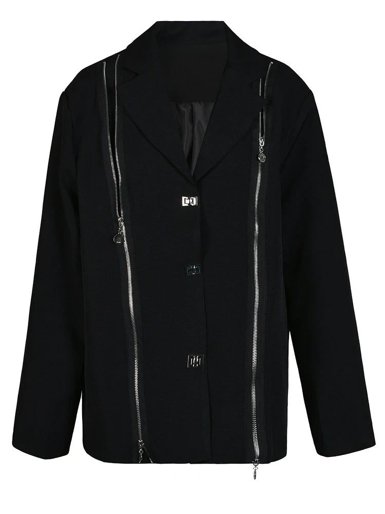 Women Black Zipper Irregular Big Size Blazer New Lapel Long Sleeve Loose Fit Jacket Fashion Spring Autumn 2025 1DH1523
