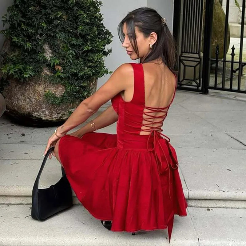 Red Backless Sexy Mini Dress Women Summer New Sleeveless Backless High Waist A-line Club Party Elegant Dress 2025