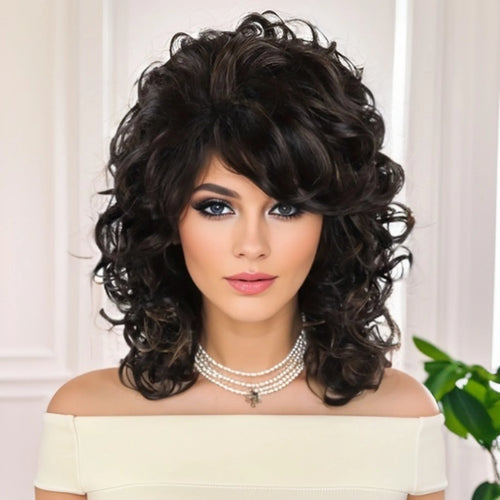 Load image into Gallery viewer, Vintage Synthetic Long Curly Wigs with Bangs Brown Black Women Wig Highlights African American Curls Wave Natural Wigs for Woman
