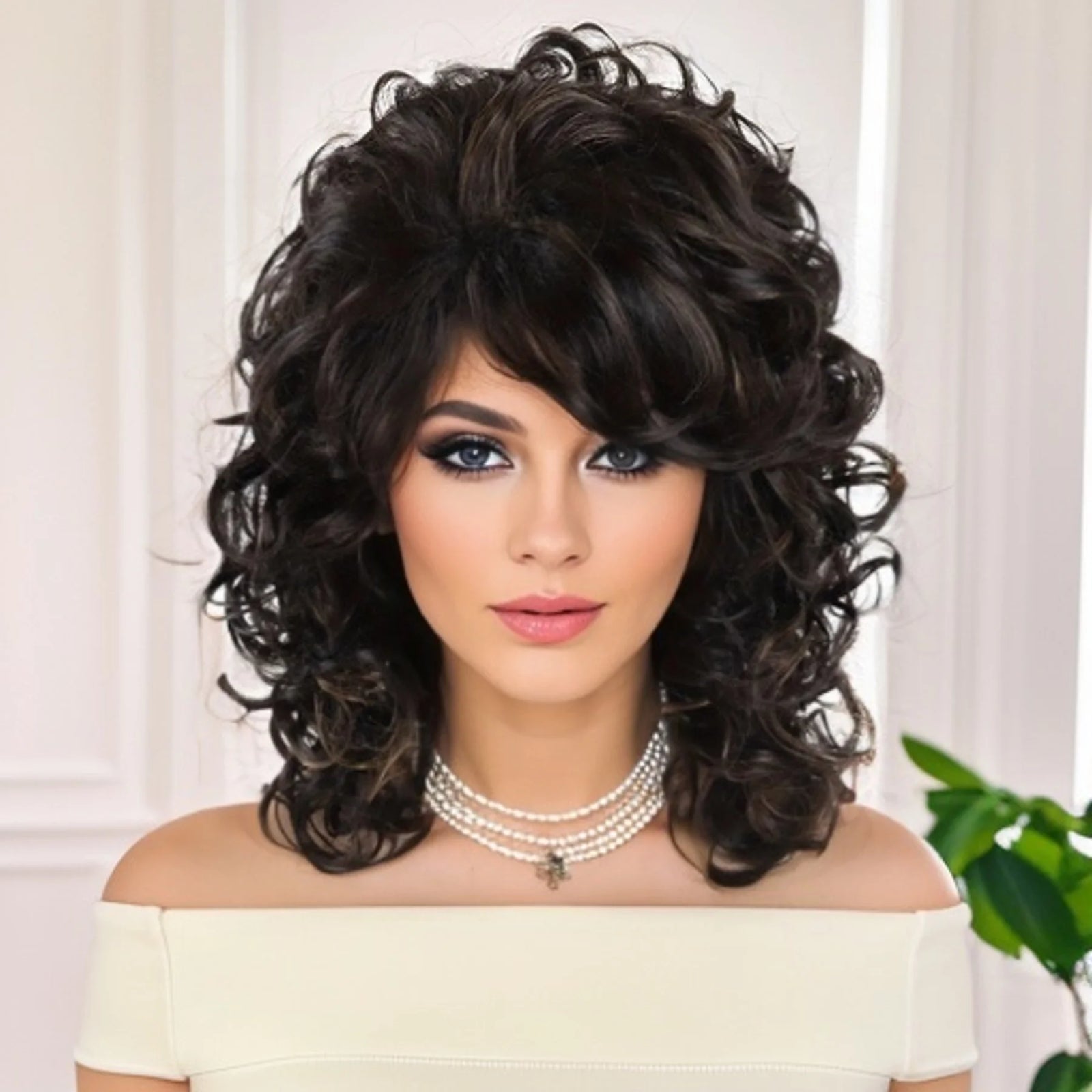 Vintage Synthetic Long Curly Wigs with Bangs Brown Black Women Wig Highlights African American Curls Wave Natural Wigs for Woman