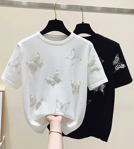 Summer O Neck Puff Short Sleeve Women T-Shirts Sweet Pearl Embroidery Female Knitted Tops Korean Chic Butterfly Beading Tees
