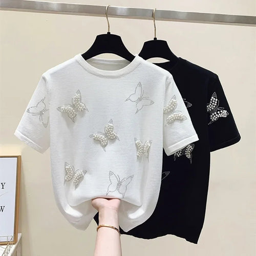 Load image into Gallery viewer, Summer O Neck Puff Short Sleeve Women T-Shirts Sweet Pearl Embroidery Female Knitted Tops Korean Chic Butterfly Beading Tees
