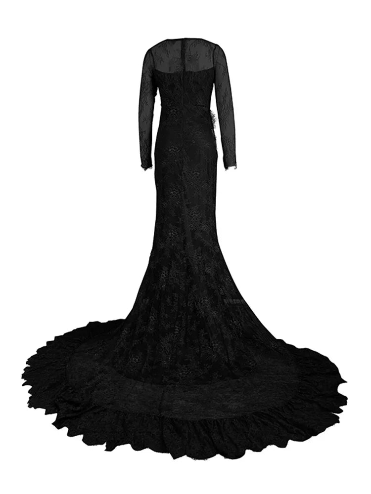 Womens Black Wedding Dresses for Party Evening Formal Bodycon Autumn Floor-Length Elegant Woman Lace Long Dress