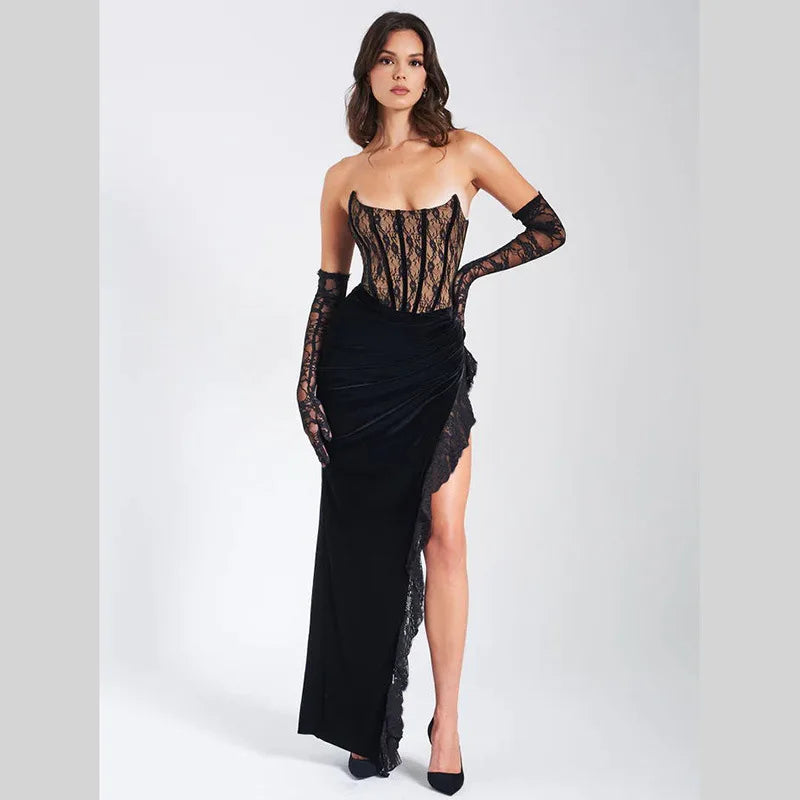 Elegant Lace Strapless Maxi Dress For Women Fashion Black Sleeveless Backless Bodycon Club Party Sexy Long Dress