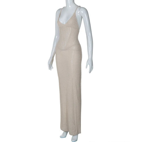 Load image into Gallery viewer, Hollow Out Backless Knit Dress For Women Spaghetti Strap Bandage Sleeveless Bodycon Club Party Sexy Long Dress Elegant

