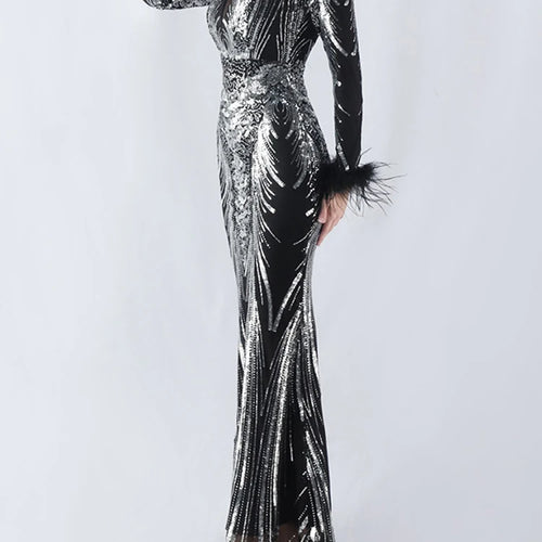 Load image into Gallery viewer, Solid Spliced Feather Slimming Dresses For Women V Neck Long Sleeve High Waist Temperament Dress Female Fashion New
