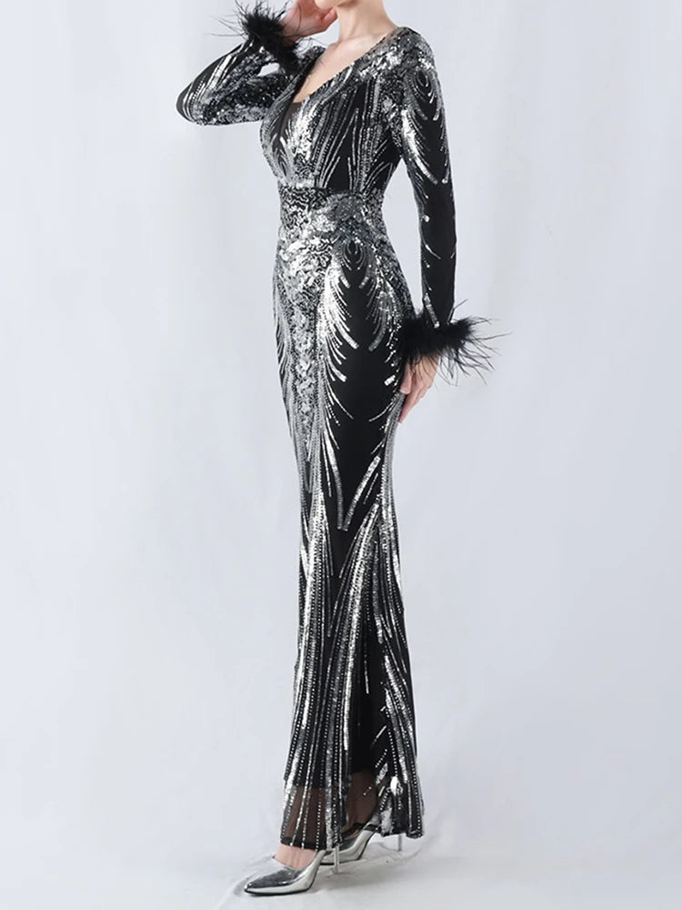 Solid Spliced Feather Slimming Dresses For Women V Neck Long Sleeve High Waist Temperament Dress Female Fashion New