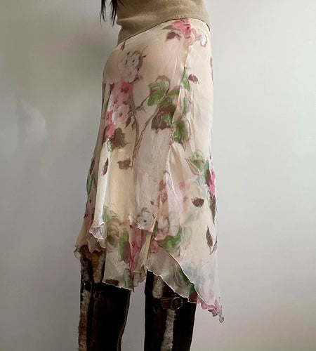 Vintage Floral Printed Asymmetric Hem Skirts Low Waist Slimming Holiday Mesh Summer Skirt Women Fashion Bottoms 2025