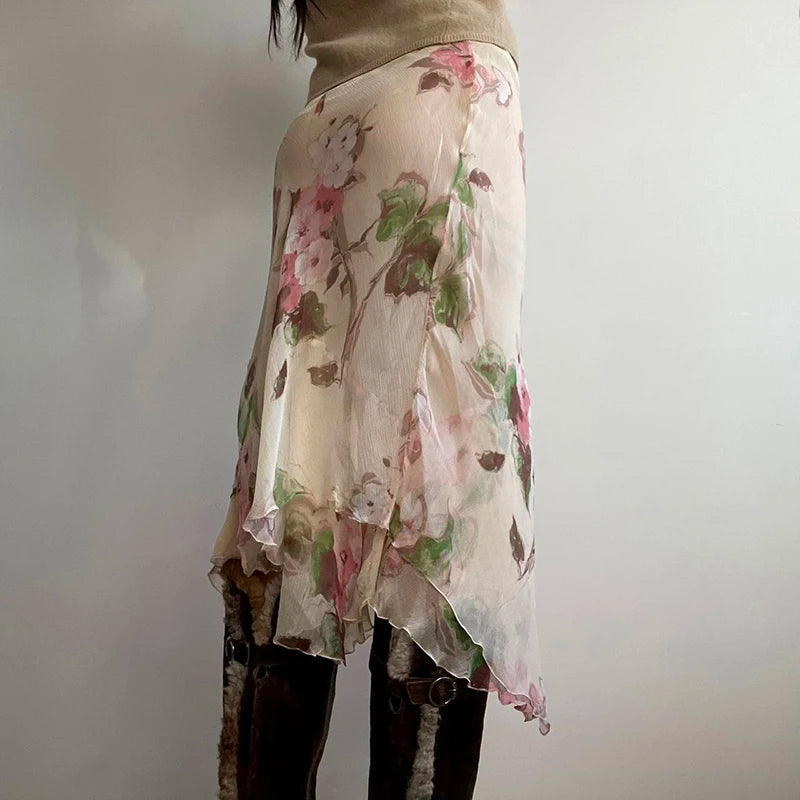 Vintage Floral Printed Asymmetric Hem Skirts Low Waist Slimming Holiday Mesh Summer Skirt Women Fashion Bottoms 2025