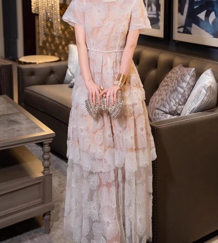 Hit Color Slimming Casual Elegant Dresses For Women O Neck Short Sleevehigh Waist Temperament Long Dress Female New