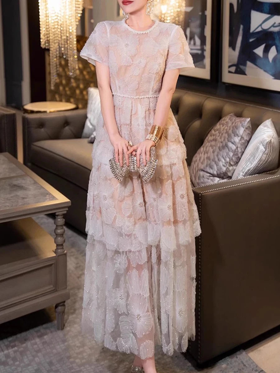 Hit Color Slimming Casual Elegant Dresses For Women O Neck Short Sleevehigh Waist Temperament Long Dress Female New