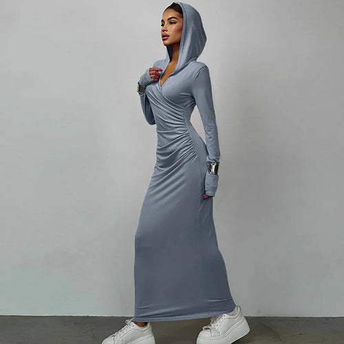 Load image into Gallery viewer, Elegant V Neck Hooded Maxi Dress For Women Autumn Winter New Long Sleeve Bodycon Ruched Fashion Long Dress New
