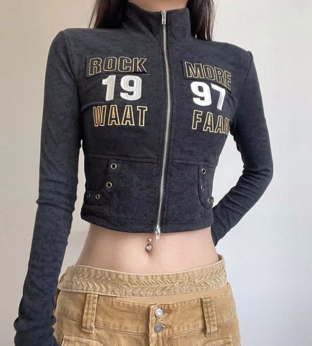 Harajuku Punk Turtleneck Jacket Zip-Up Bodycon Letter Embroidery Autumn Coat Crop Moto&Biker Style Appliques Outwear