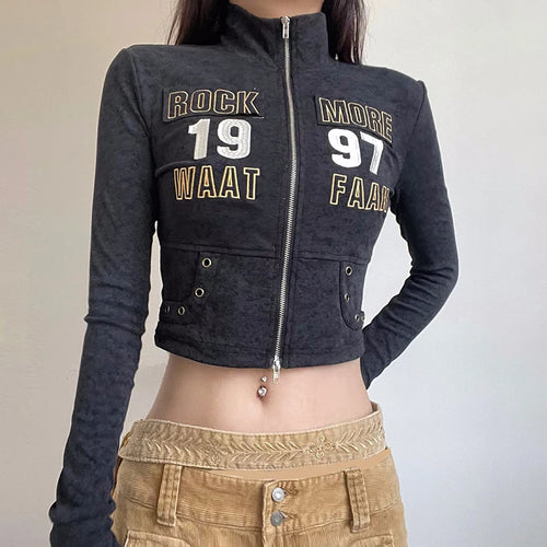 Load image into Gallery viewer, Harajuku Punk Turtleneck Jacket Zip-Up Bodycon Letter Embroidery Autumn Coat Crop Moto&amp;Biker Style Appliques Outwear
