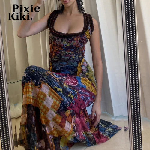 Load image into Gallery viewer, Y2k Retro Tie Dye Print Long Dresses for Women Sexy Hollow Out Lace Up Backless Maxi Dress 2000s Aesthetic C33-CI30
