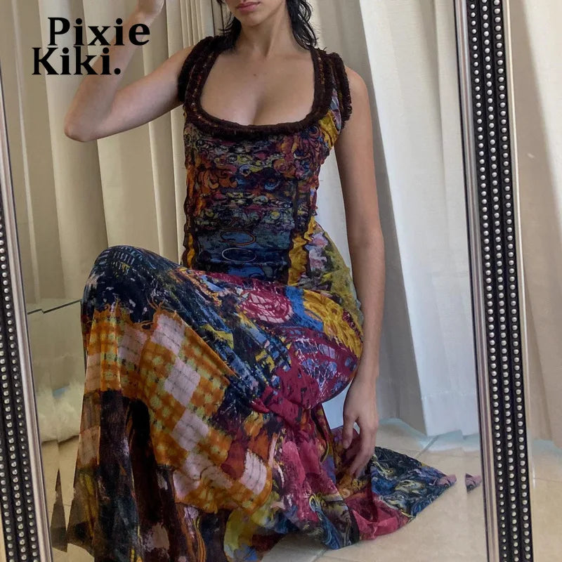 Y2k Retro Tie Dye Print Long Dresses for Women Sexy Hollow Out Lace Up Backless Maxi Dress 2000s Aesthetic C33-CI30