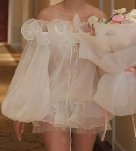 Sheer Spliced Ruffles Folds Mini Dresses for Women Slash Neck Long Sleeves Elegant Dress Female Fashion Clothing