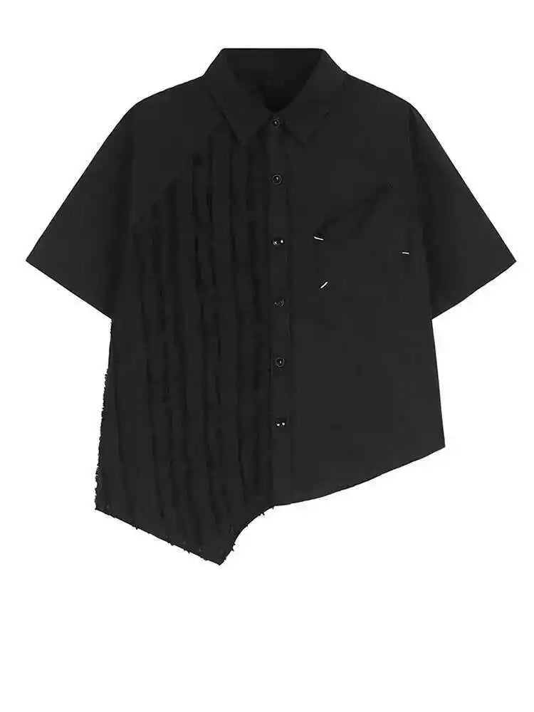 Women Black Irregular Hem Burr Big Size Blouse New Lapel Short Sleeve Shirt Fashion Tide Spring Summer 2025 1DH6182