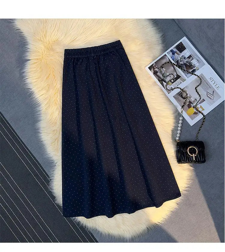 French Vintage Women Polka Dot Elegant High Waist Party Long Skirts 2024 Autumn Winter Woolen A-line Pleated Half Skirt Fashion