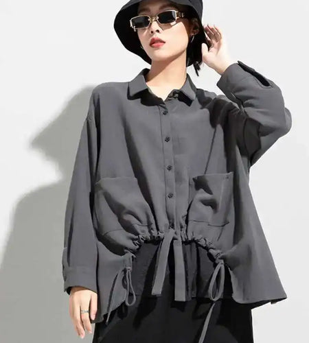 Women Drawstring Big Size Fake Two Blouse New Lapel Long Sleeve Loose Fit Shirt Fashion Tide Spring Autumn 2025 1DD0160