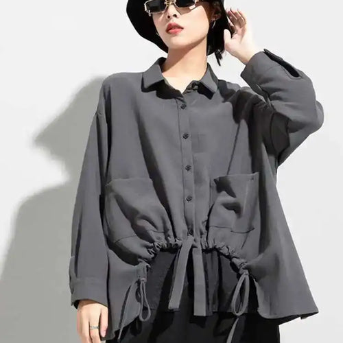 Load image into Gallery viewer, Women Drawstring Big Size Fake Two Blouse New Lapel Long Sleeve Loose Fit Shirt Fashion Tide Spring Autumn 2025 1DD0160

