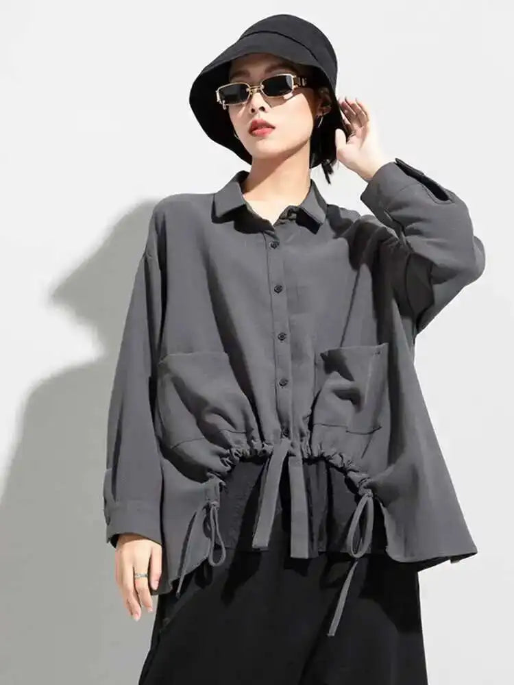 Women Drawstring Big Size Fake Two Blouse New Lapel Long Sleeve Loose Fit Shirt Fashion Tide Spring Autumn 2025 1DD0160