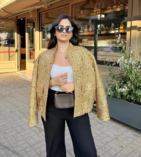 Women's Sequined Bomber Jacket Fall O Neck Long Sleeve Pocket Stretch Hem Sequins Jacket Coat Female Chic Outerwear