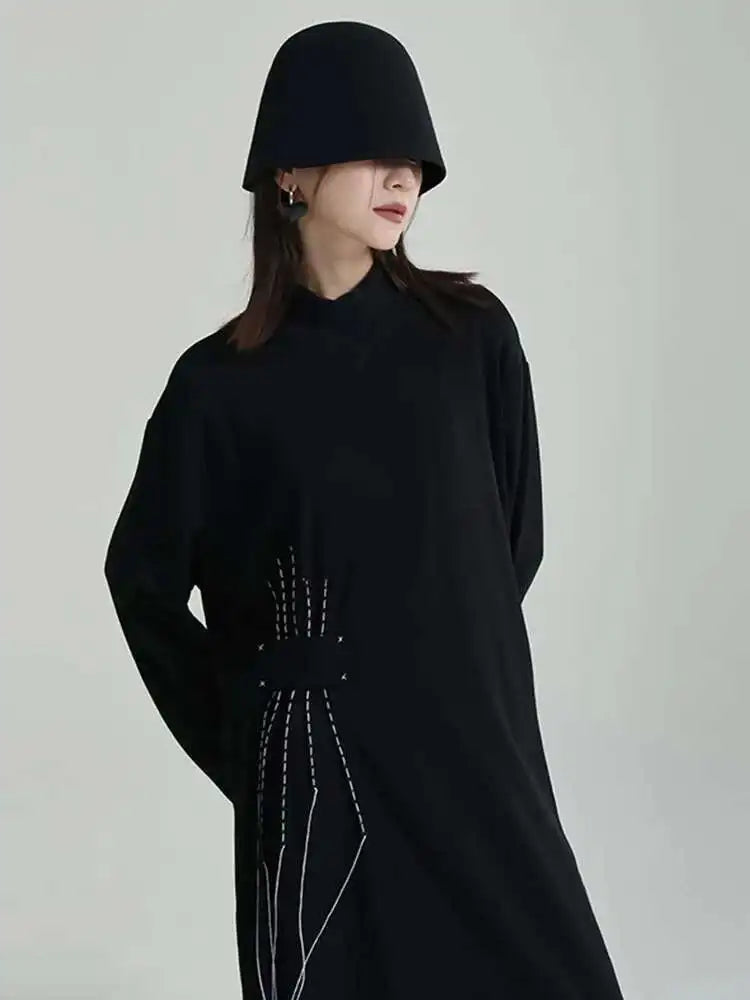 Women Black Topstitched Long Big Size Dress New Turtleneck Long Sleeve Loose Fit Fashion Tide Spring Autumn 2025 1DF3239
