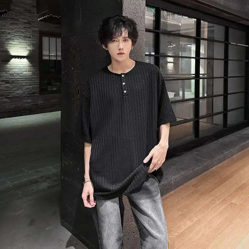 Load image into Gallery viewer, Men's T-shirts New Summer Niche Design Round Collar Short Sleeved Buttom Design Pullover Striped Trendy Male Tops 9W1915
