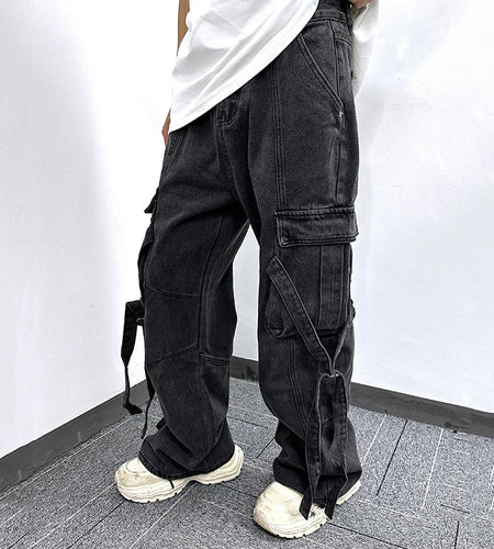 Men's Jeans New American Style High Street Trendy Large Buckle Pockets Decoration Cargo Denim Pants Summer Tide 9W1867