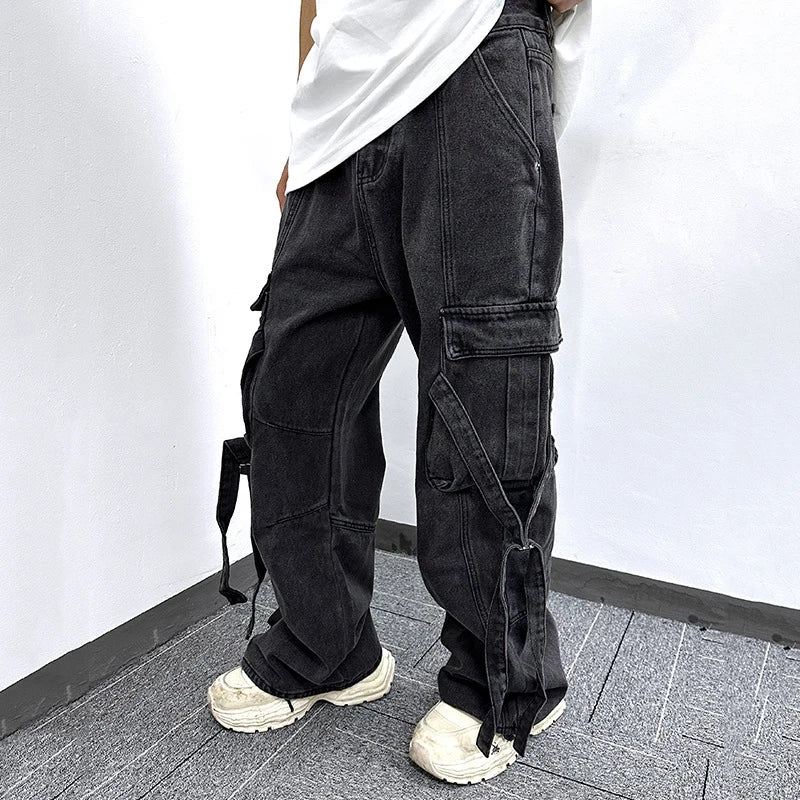 Men's Jeans New American Style High Street Trendy Large Buckle Pockets Decoration Cargo Denim Pants Summer Tide 9W1867