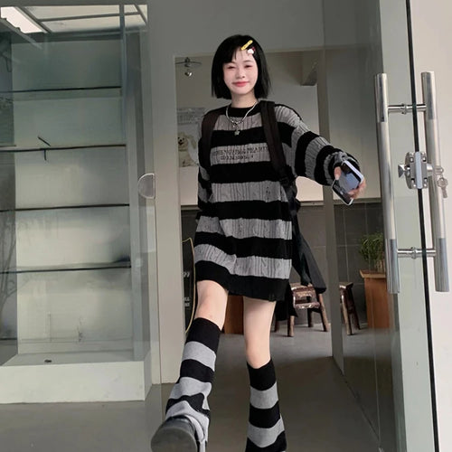 Load image into Gallery viewer, Gothic Sweaters Women Two Pieces Set Harajuku Knitted Striped Jumper + Leg Warmmer Y2k Aesthetic Grunge Tops Streetwear
