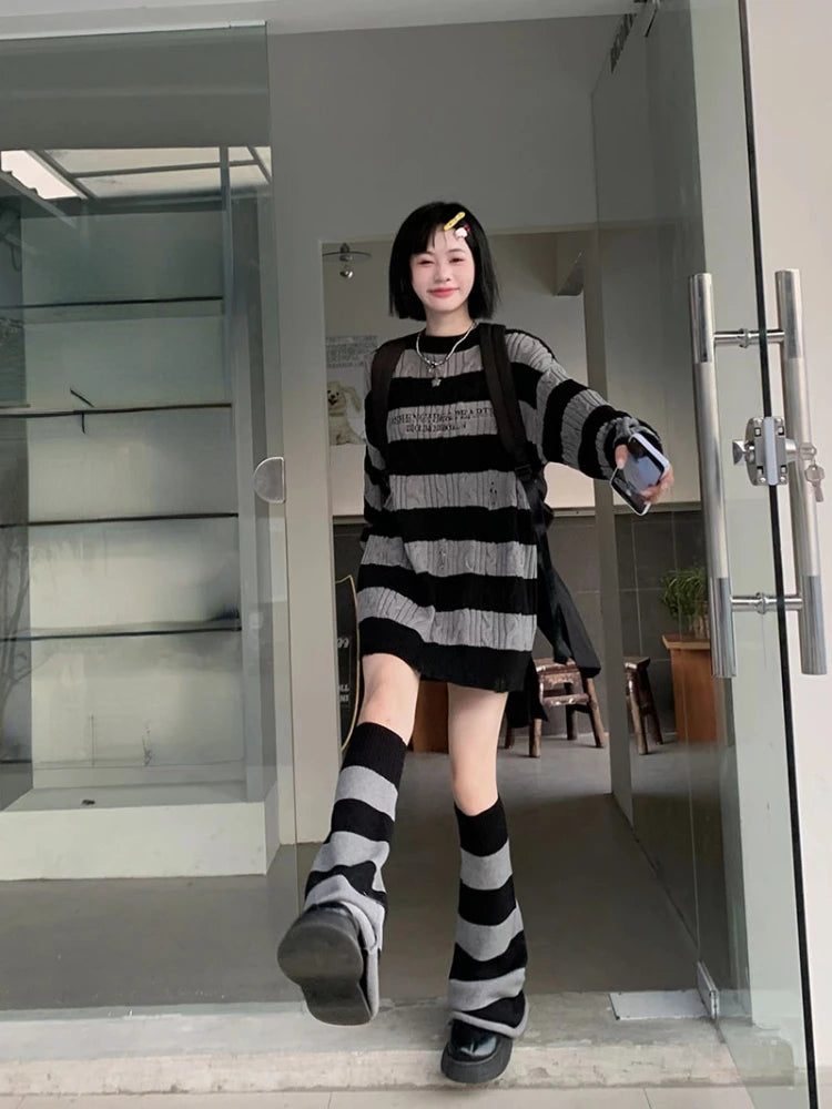 Gothic Sweaters Women Two Pieces Set Harajuku Knitted Striped Jumper + Leg Warmmer Y2k Aesthetic Grunge Tops Streetwear
