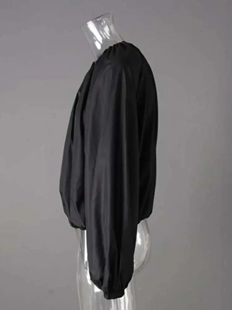 Women Black Drawstring Big Size Short Blouse New Round Neck Lantern Sleeve Shirt Fashion Tide Spring Autumn 2025 CPG2612