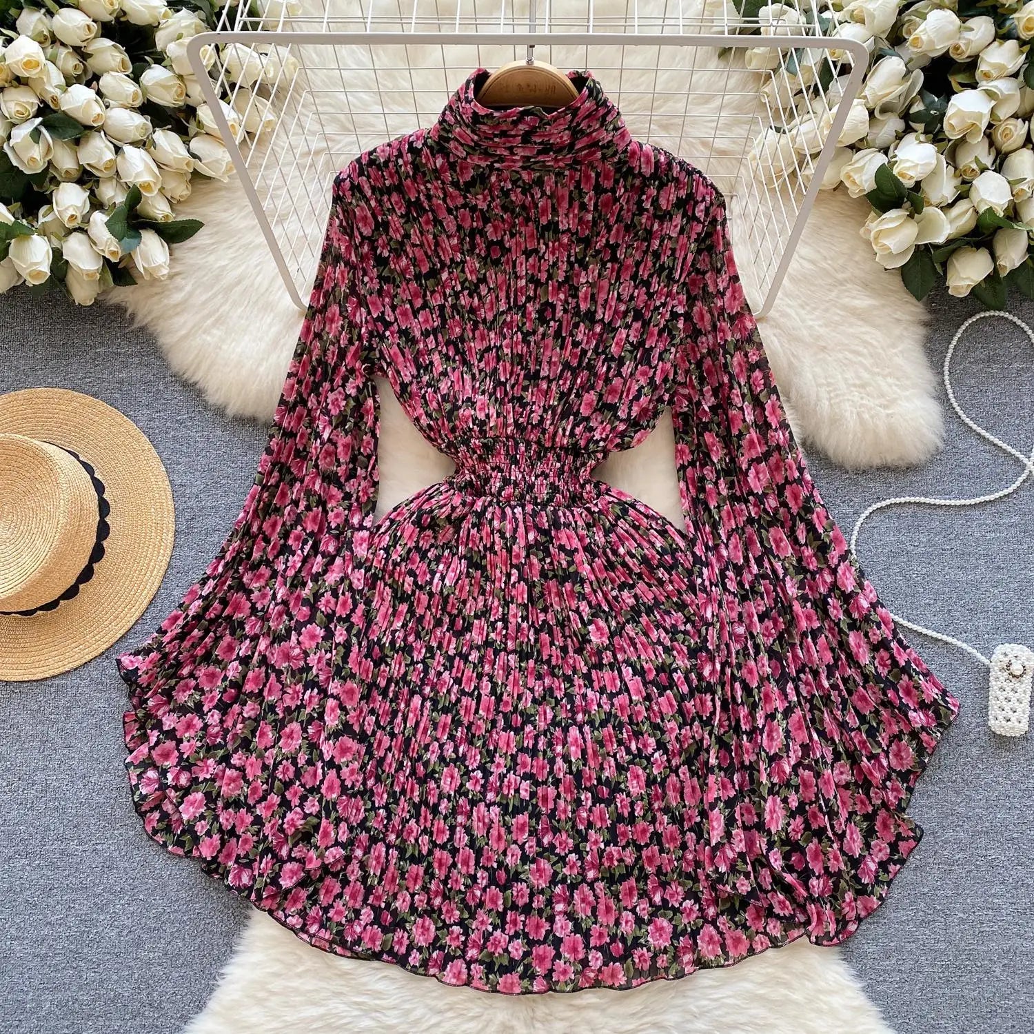 French Women Elegant Floral Print Half High Collar Slim Midi Dress 2023 Autumn Flared Long Sleeve Fashion Vacation Pleated Dress