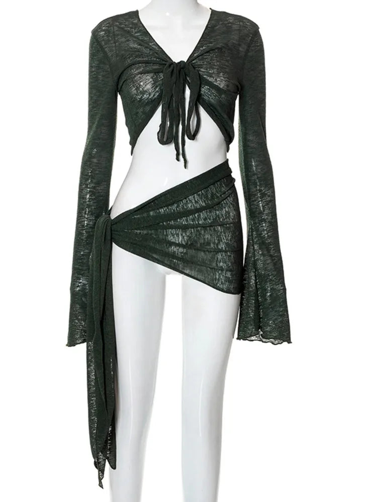 Sexy Mesh Perspective Strap Long Sleeved Women Two-piece Casual Dress Set New Summer Set 2024 Holiday Beach Partywear