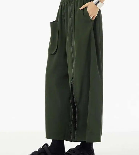 High Elastic Waist Army Green Zipper Slit Long Wide Leg Pants New Trousers Women Fashion Tide Spring Autumn 2025 1DH5683