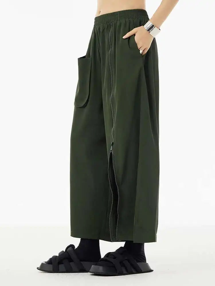 High Elastic Waist Army Green Zipper Slit Long Wide Leg Pants New Trousers Women Fashion Tide Spring Autumn 2025 1DH5683