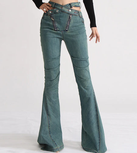 Minimalist Jeans For Women High Waist Patchwork Button Casual Loose Wide Leg Pants Female Fashion Clothing