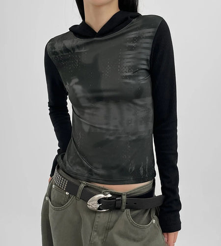 Harajuku Tie Dye Slim Hooded T shirts Spliced Gothic Autumn Tee Shirts Women Clothing Casual Cropped Top Contrast