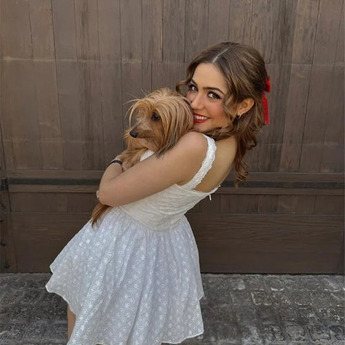 Load image into Gallery viewer, White English Embroidered Belted Mini Dress For Women Fashion V Neck Sleeveless Backless A-line Club Party Sexy Dress
