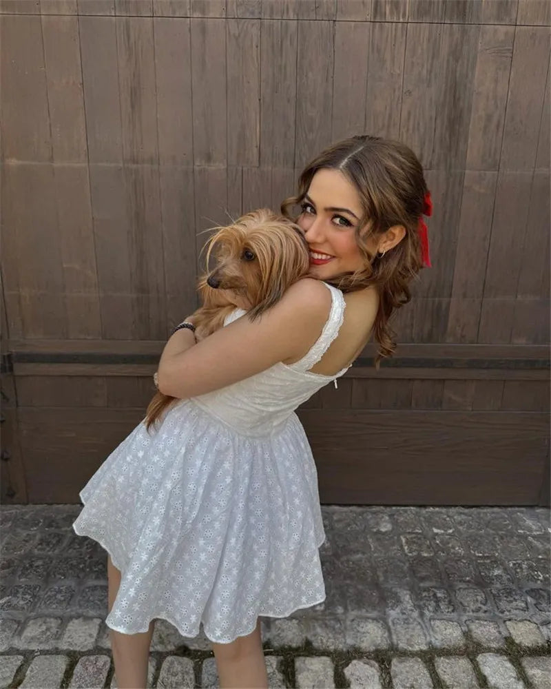 White English Embroidered Belted Mini Dress For Women Fashion V Neck Sleeveless Backless A-line Club Party Sexy Dress