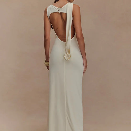 Load image into Gallery viewer, Backless Ruched Sexy Maxi Tank Dress Women Gown Summer New O Neck Thigh High Split Bodycon Elegant Long Dress Fashion
