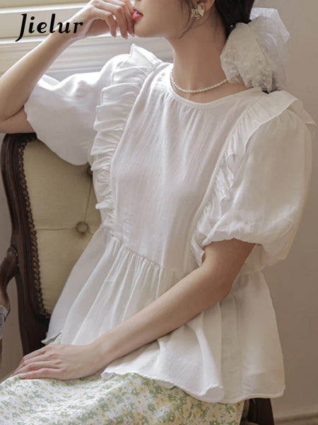 White Ruffles Puff Sleeve Hollow Women's Blouses Summer O-neck Solid Color Elegant Fashion Streetwear Casual Basic Blouse
