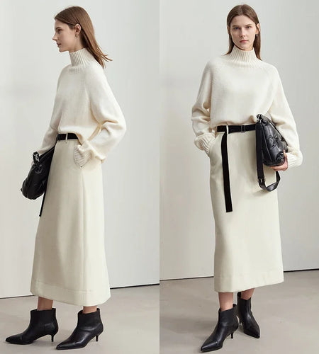 Minimalism Women's Elegant Commuter Skirts with Velvet Belt 2024 Winter Twill Fabric Warm Slit Straight Midi Skirt 12444183