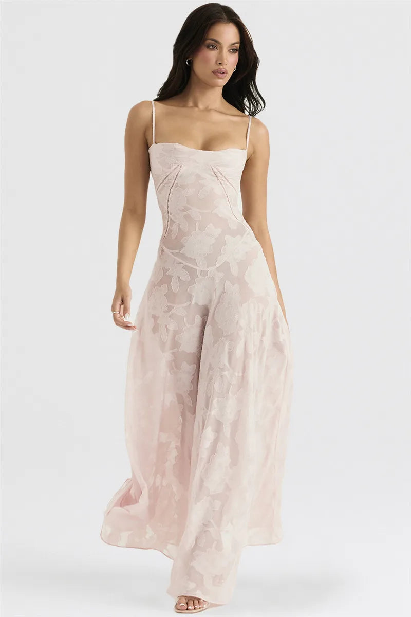 Elegant Print Backless Maxi Dress For Women Fashion New Spaghetti Strap Sleeveless Loose A-line Club Party Long Dress