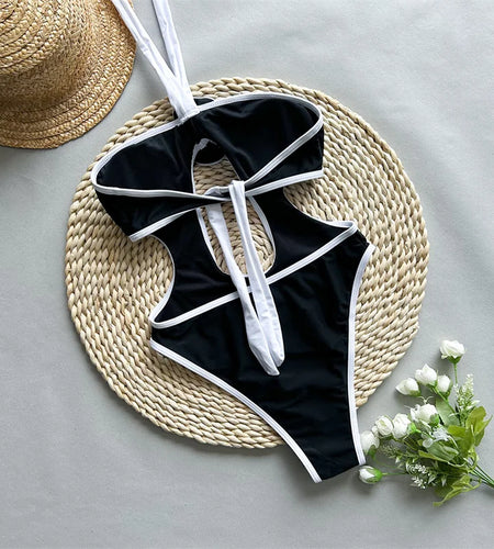 Black White Halter One Piece Swimsuit 2024 Cut Out Swimwear for Women Sexy 3D Flower Bathing Suit Bandage Monokini