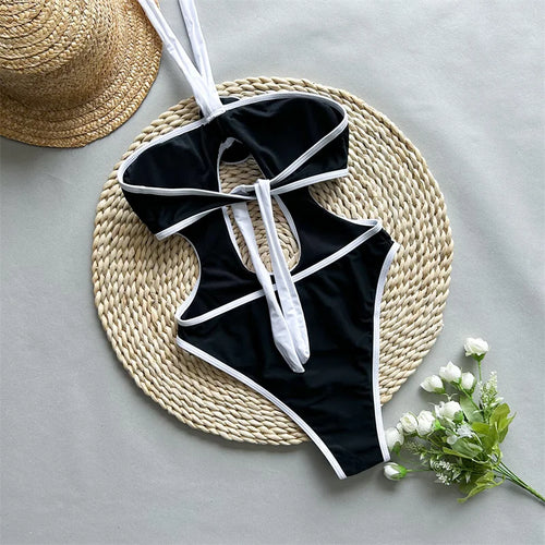 Load image into Gallery viewer, Black White Halter One Piece Swimsuit 2024 Cut Out Swimwear for Women Sexy 3D Flower Bathing Suit Bandage Monokini
