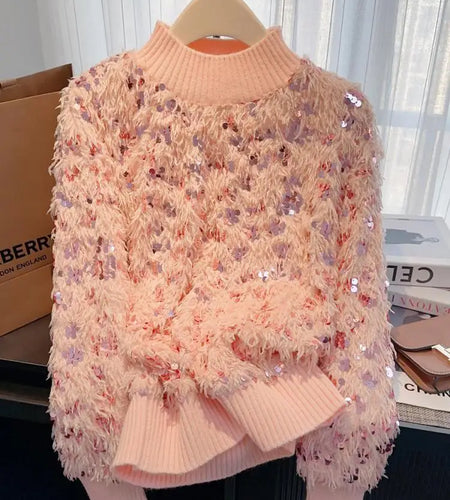 Autumn Winter Sweet Pink Sequins Elegant Round Neck Pullover Short Sweater Women's 2024 New Beige Long Sleeved Loose Knitted Top